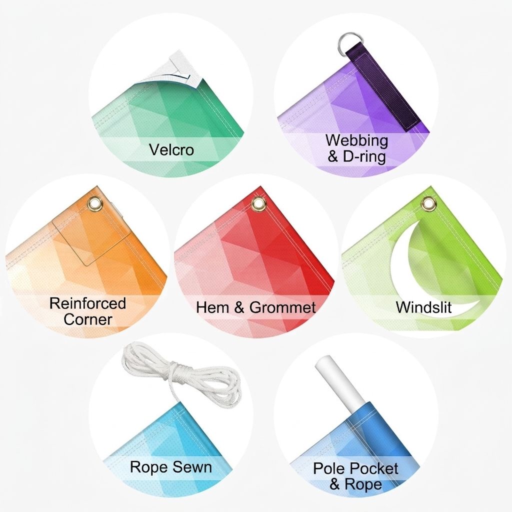 18oz blockout banner finishing options — velcro, webbing & D-ring, reinforced corner, hem & grommet, windslit, rope sewn and pole pocket & rope
