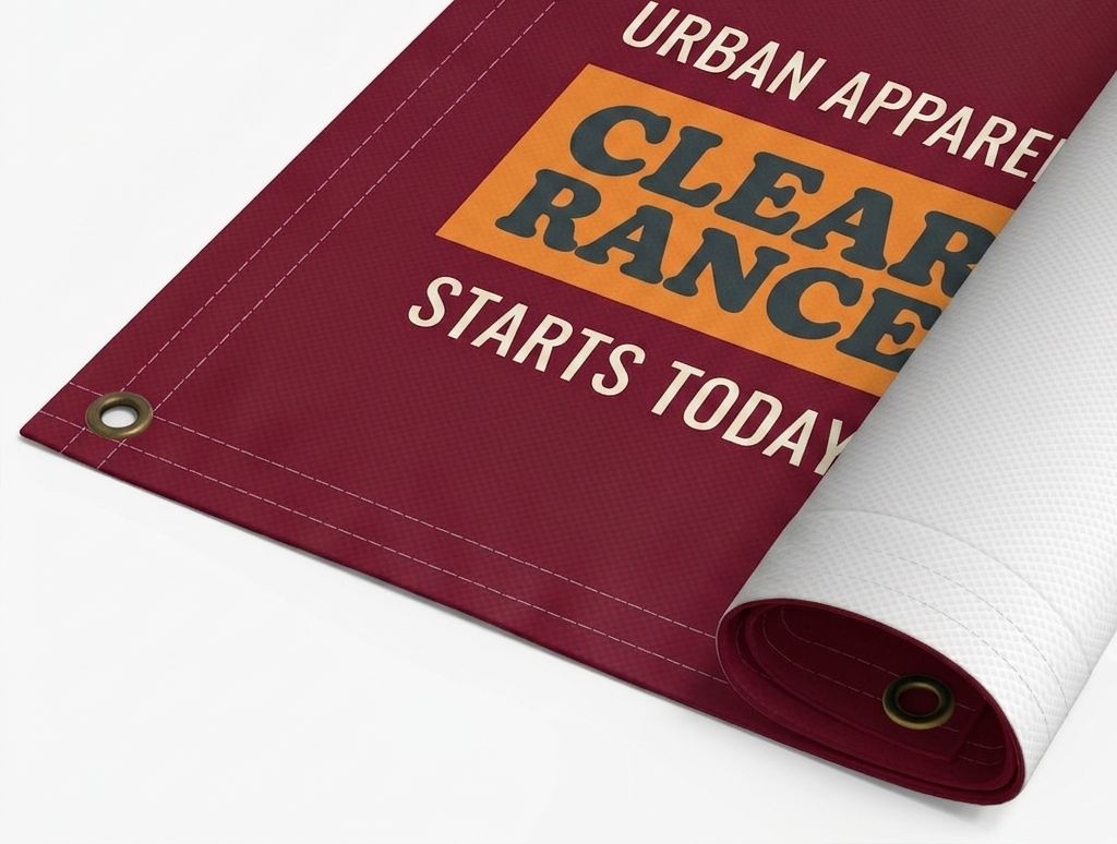 Custom printed 18oz blockout vinyl banner rolled, showing the opaque white core and grommets