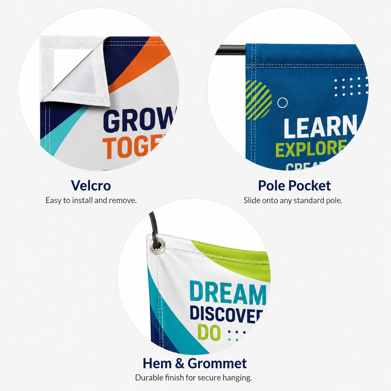 9oz fabric banner finishing — velcro, pole pocket and hem & grommet