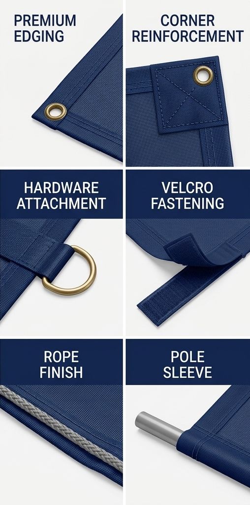 Mesh banner finishing options — premium edging, corner reinforcement, hardware attachment, velcro fastening, rope finish and pole sleeve