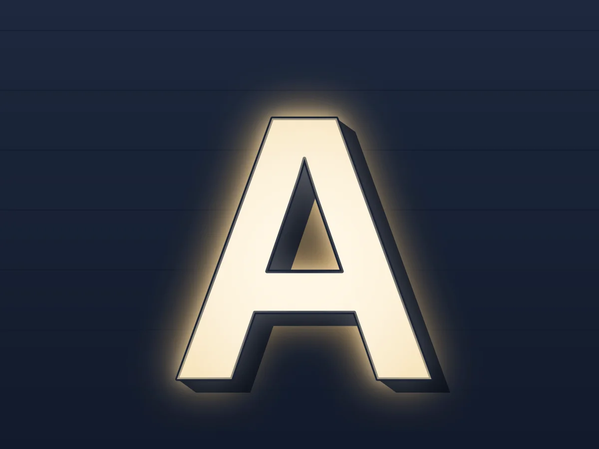 Illustration of a single front and back-lit channel letter close up, showing the face, the aluminum return and the lit face and the halo on the wall