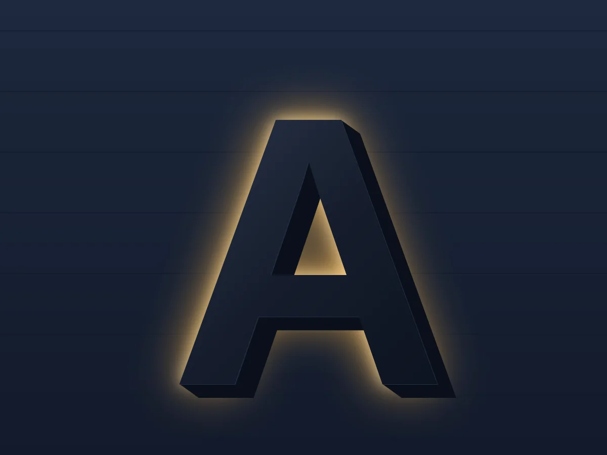 Illustration of a single halo-lit (back-lit) channel letter close up, showing the face, the aluminum return and the glow thrown onto the wall behind it