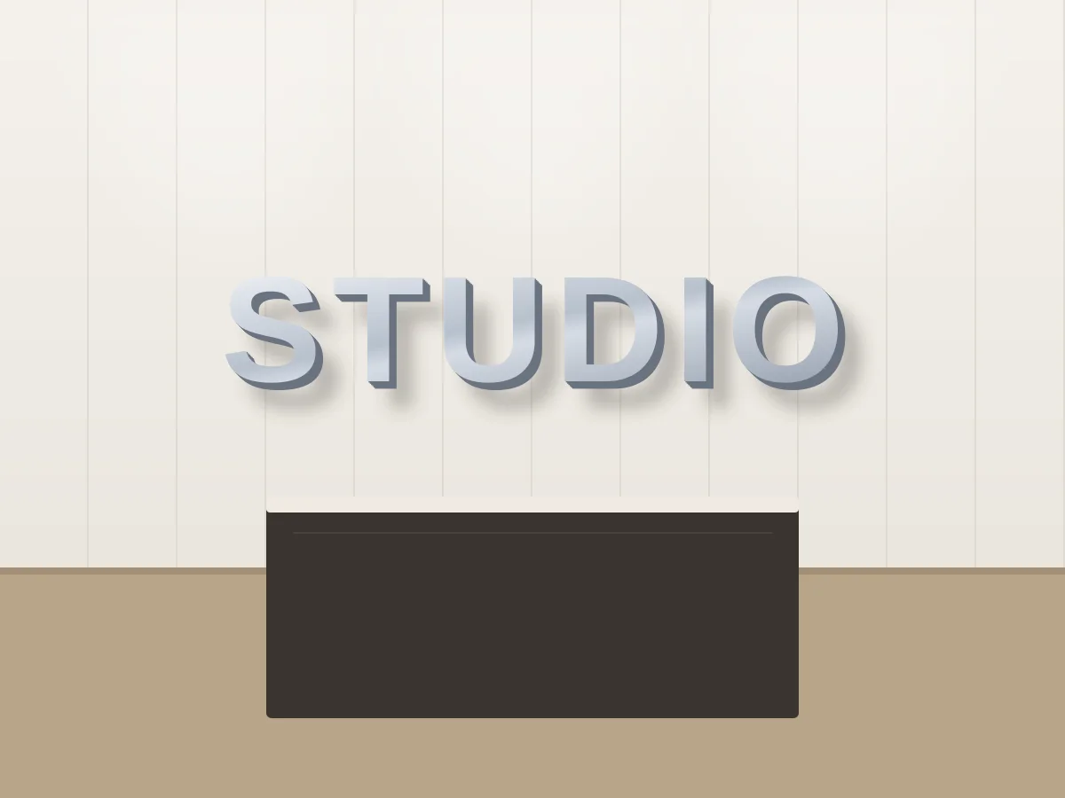 Illustration of non-illuminated brushed aluminum channel letters mounted on a lobby wall behind a reception desk