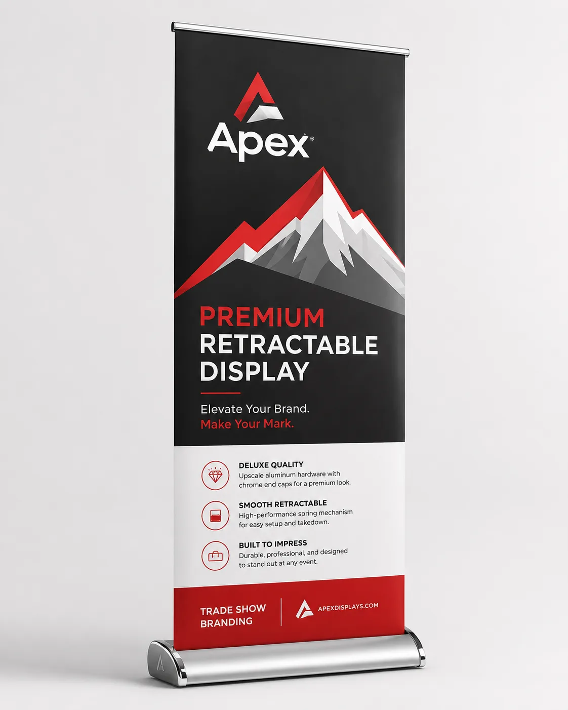 Apex Deluxe retractable banner stand with a full-colour printed graphic, chrome-style end caps and an adjustable pole