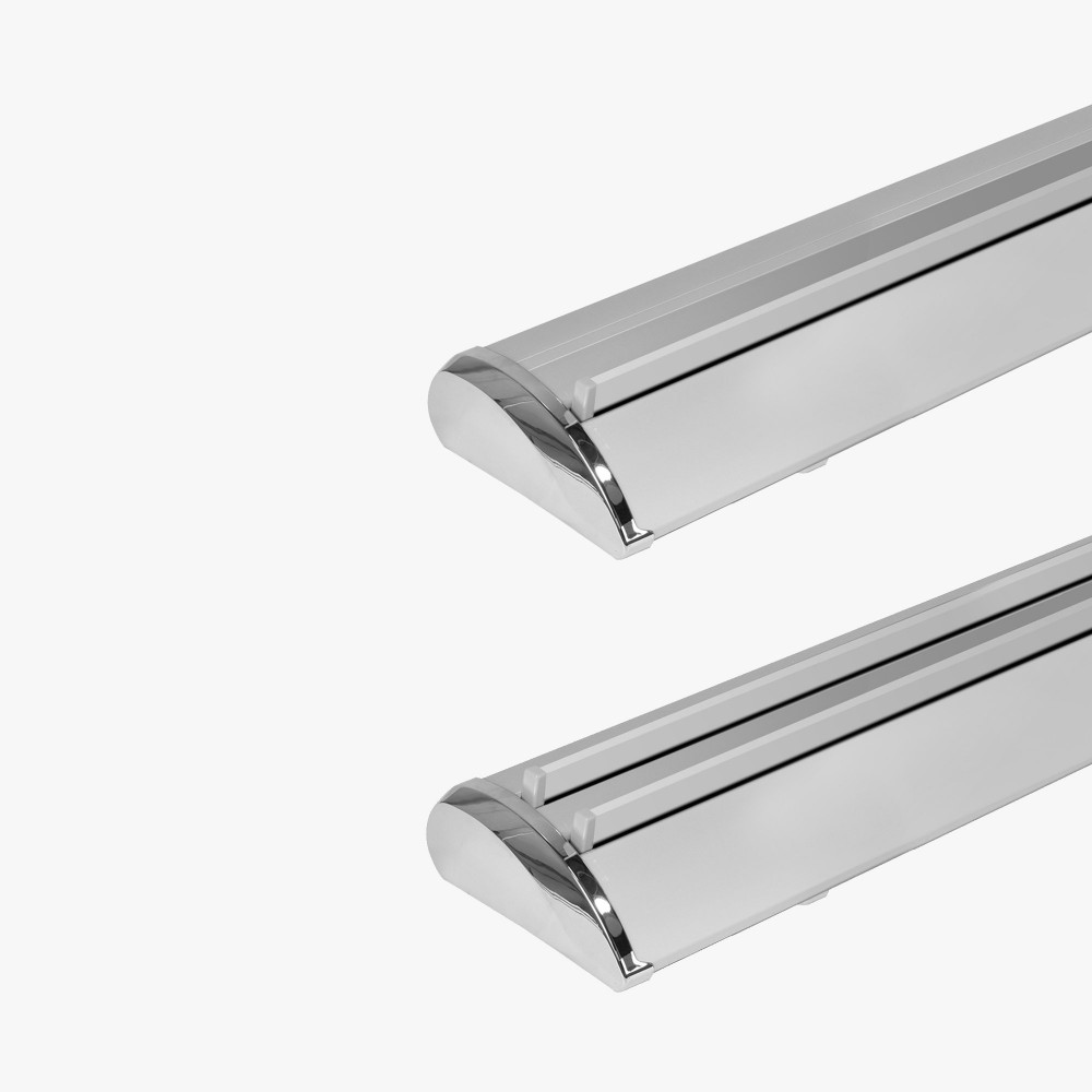 Apex deluxe retractable banner stand aluminum base with chrome-style end caps, close-up
