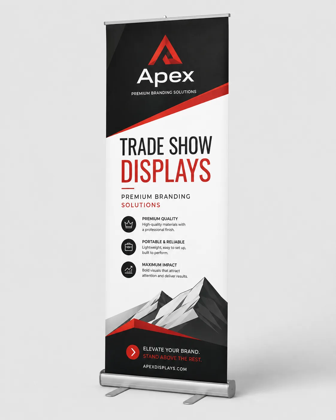 Apex standard retractable banner stand with the graphic rolled into an aluminium base