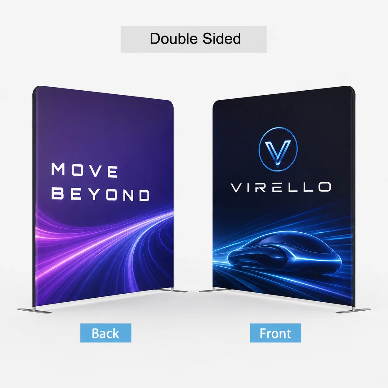 Double-sided straight tension fabric display showing different printed front and back graphics