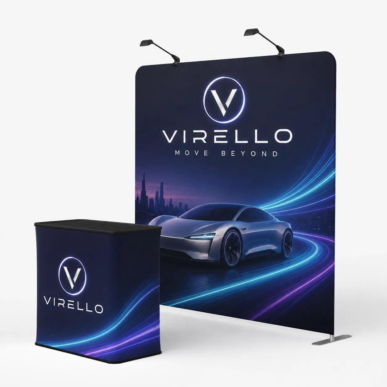 Straight tension fabric display with a matching printed podium and booth spotlights