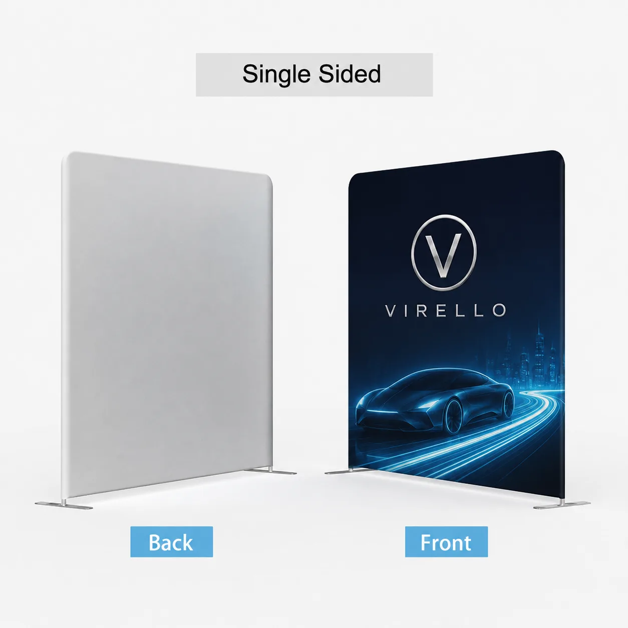 Single-sided straight tension fabric display with a printed front and plain back