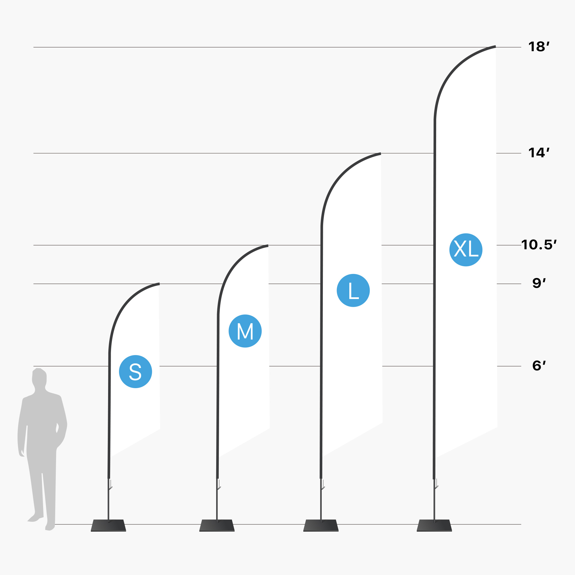 Apex angled feather flag size chart — small 9 ft, medium 10.5 ft, large 14 ft