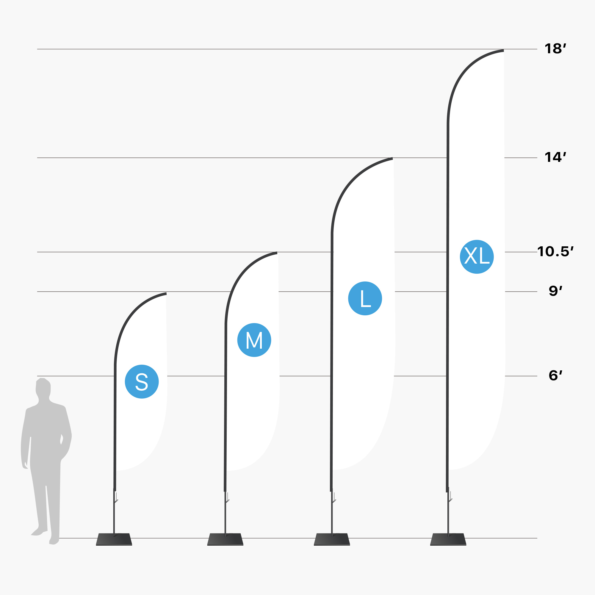 Apex convex feather flag size chart — small 9 ft, medium 10.5 ft, large 14 ft