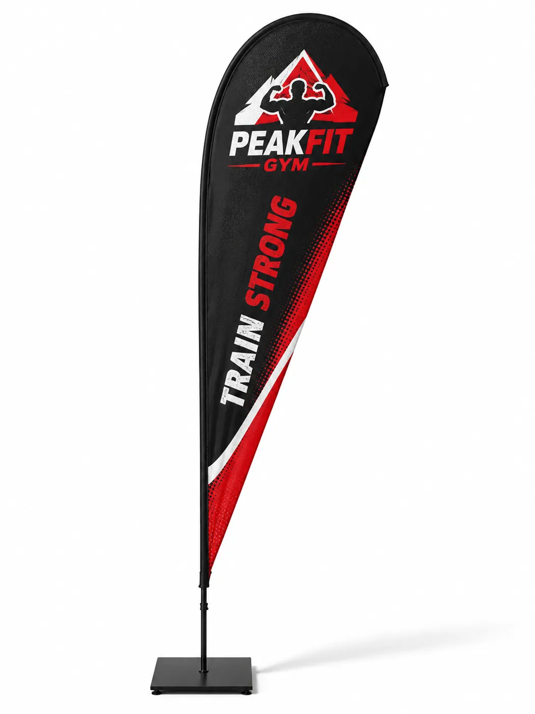 Apex teardrop flag on a square steel base, custom printed