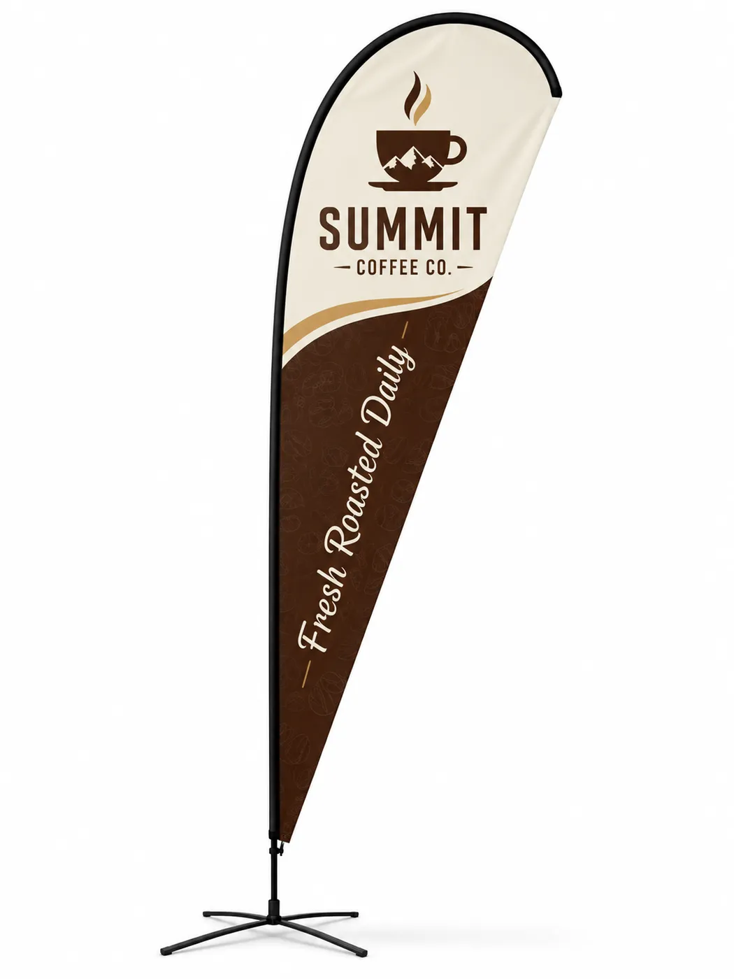 Apex teardrop flag with a custom printed graphic on a cross base