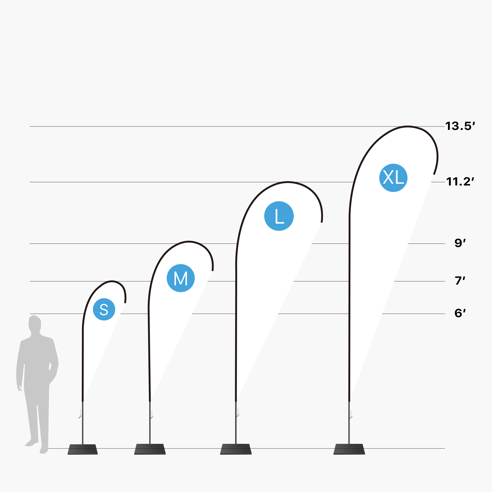 Apex teardrop flag size chart — small 7 ft, medium 9 ft, large 11.2 ft