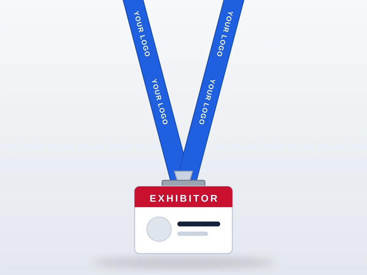 Illustration of a custom printed lanyard with a repeated logo, holding an exhibitor badge