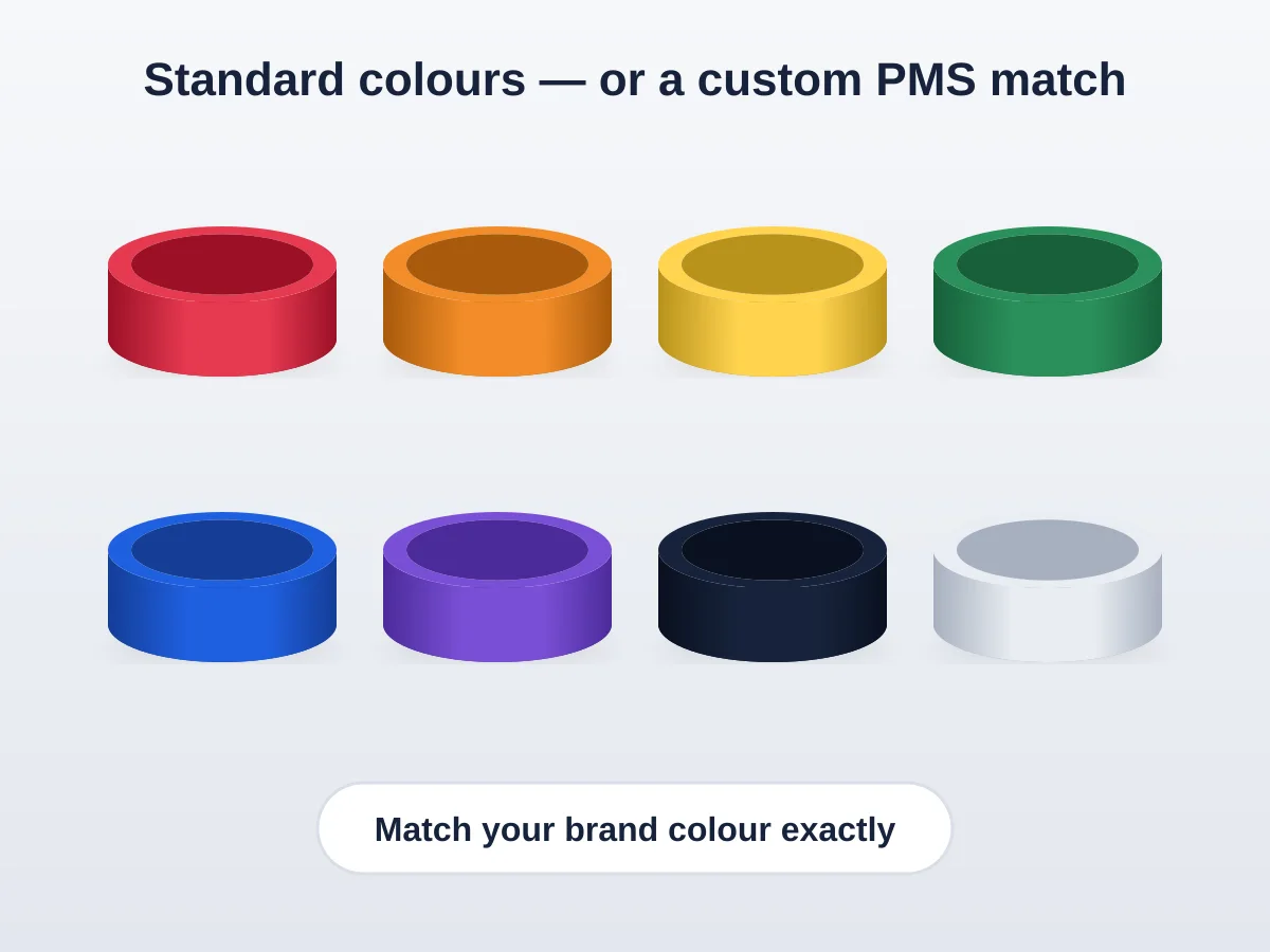 Illustration of eight standard silicone wristband colours with a custom colour match option
