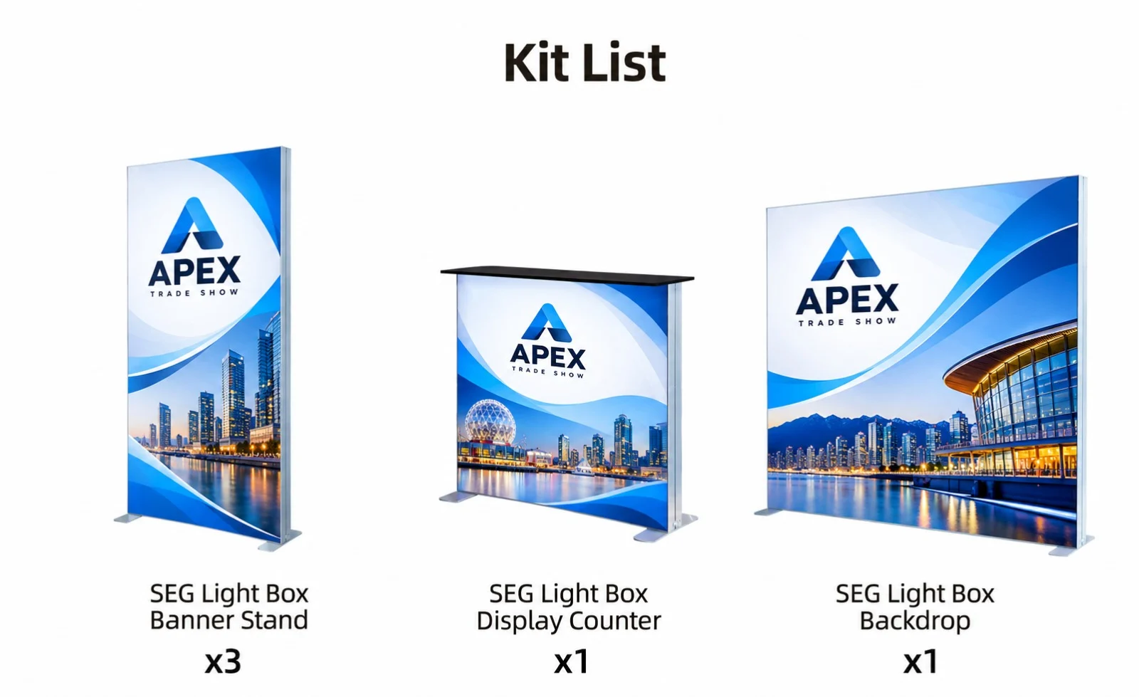 Apex Trade Show SEG light box components: banner stand, display counter and backdrop, each with a printed graphic