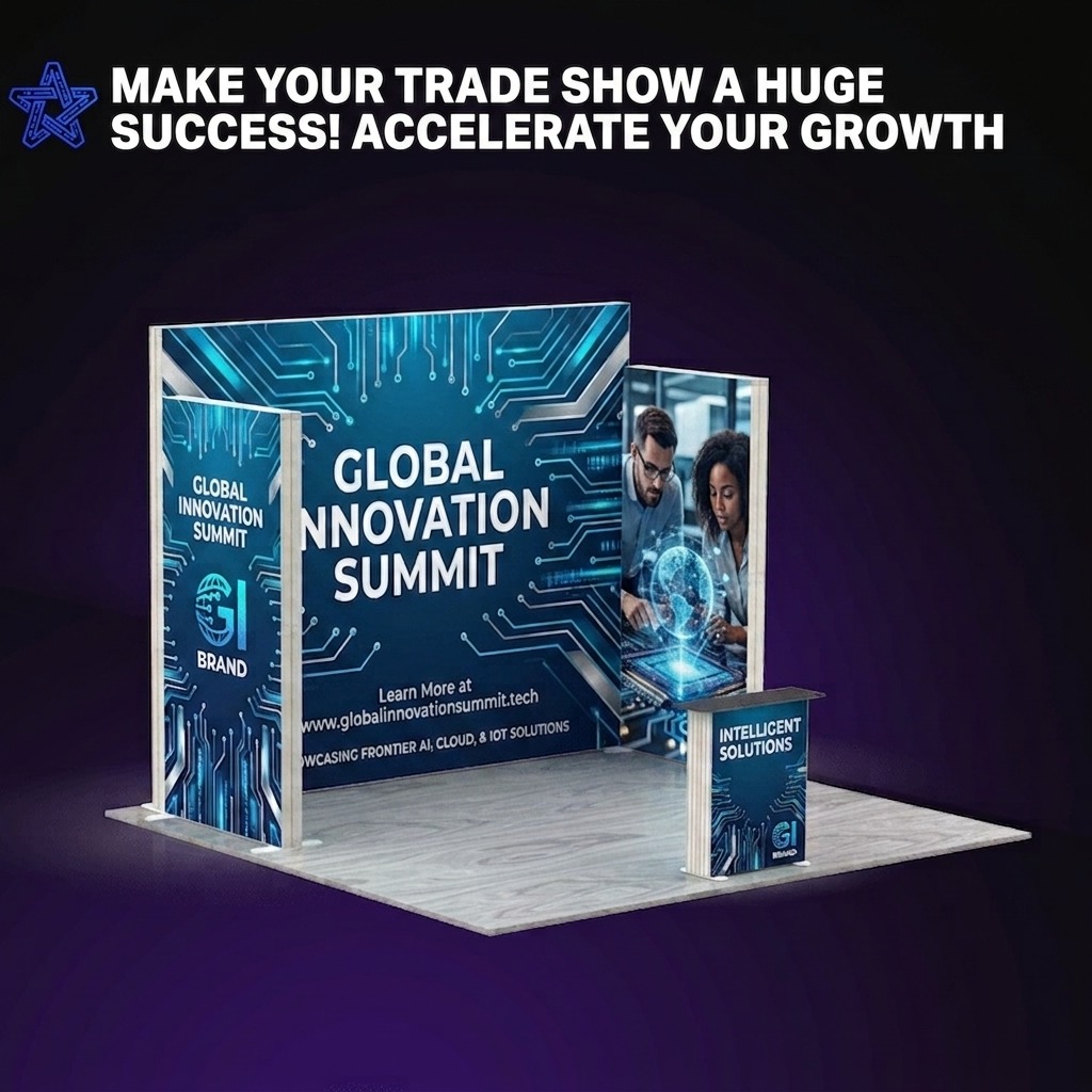 Apex Trade Show SEG Modular Kit C — illuminated booth with backdrop, left and right side panels and counter