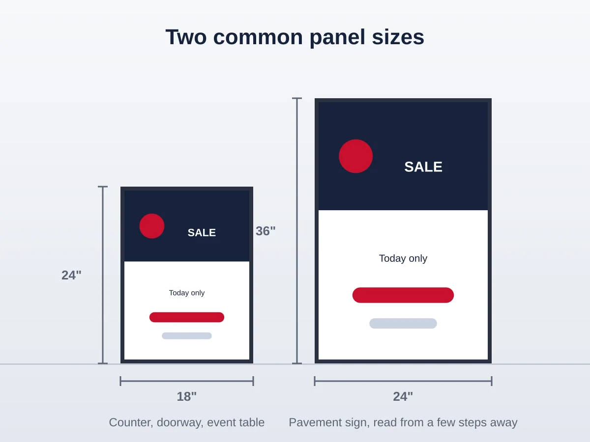 Illustration comparing the 18 by 24 inch and 24 by 36 inch A-frame sign panel sizes