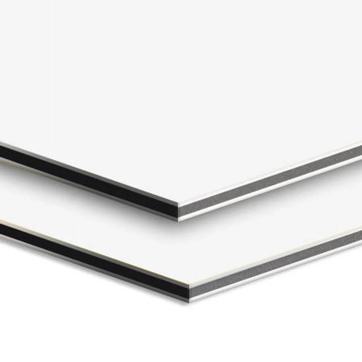 Two white aluminum composite panels stacked, showing the aluminum skins and the core along the cut edge