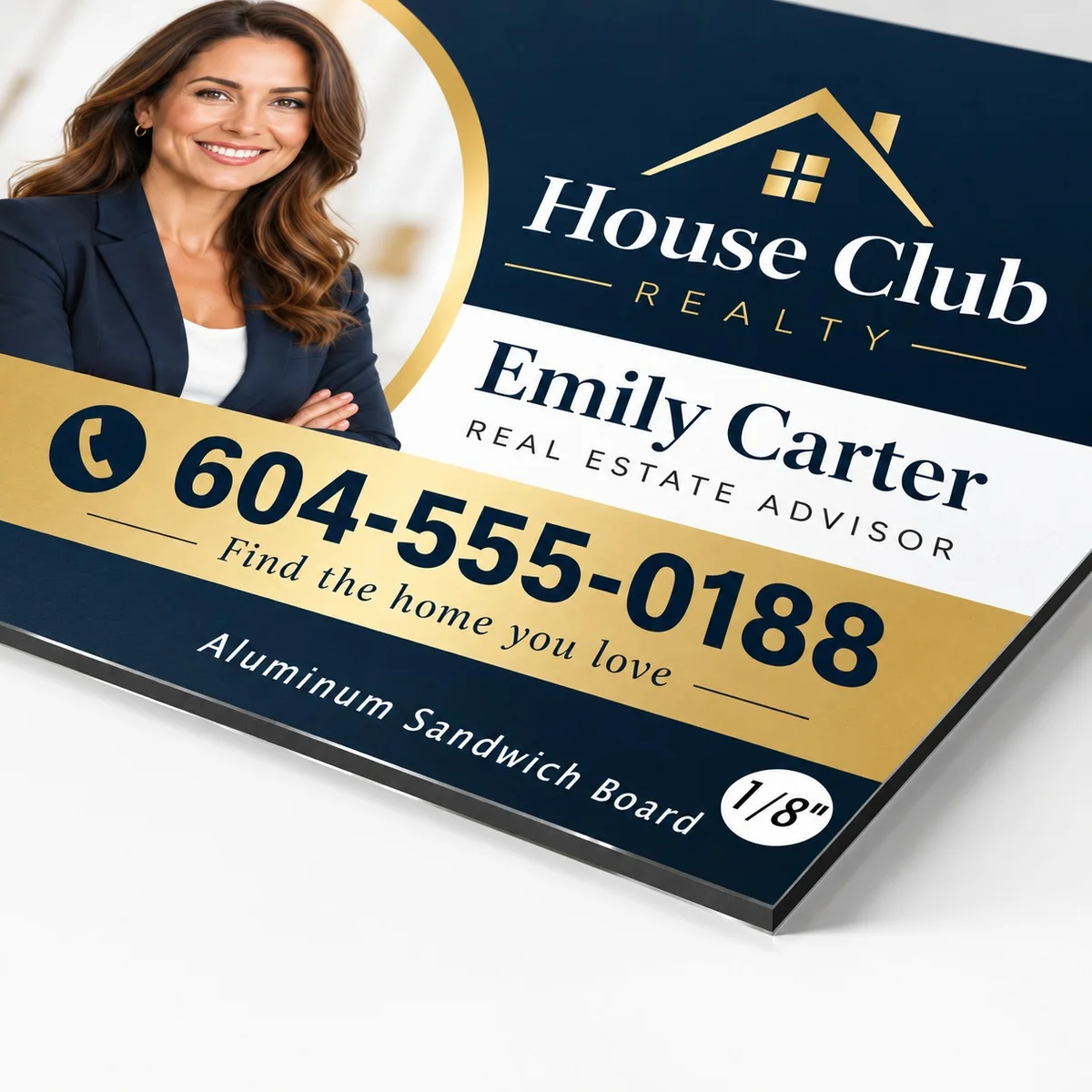 Corner of a printed 1/8 inch aluminum sandwich board sign with sample artwork, showing the thin panel edge