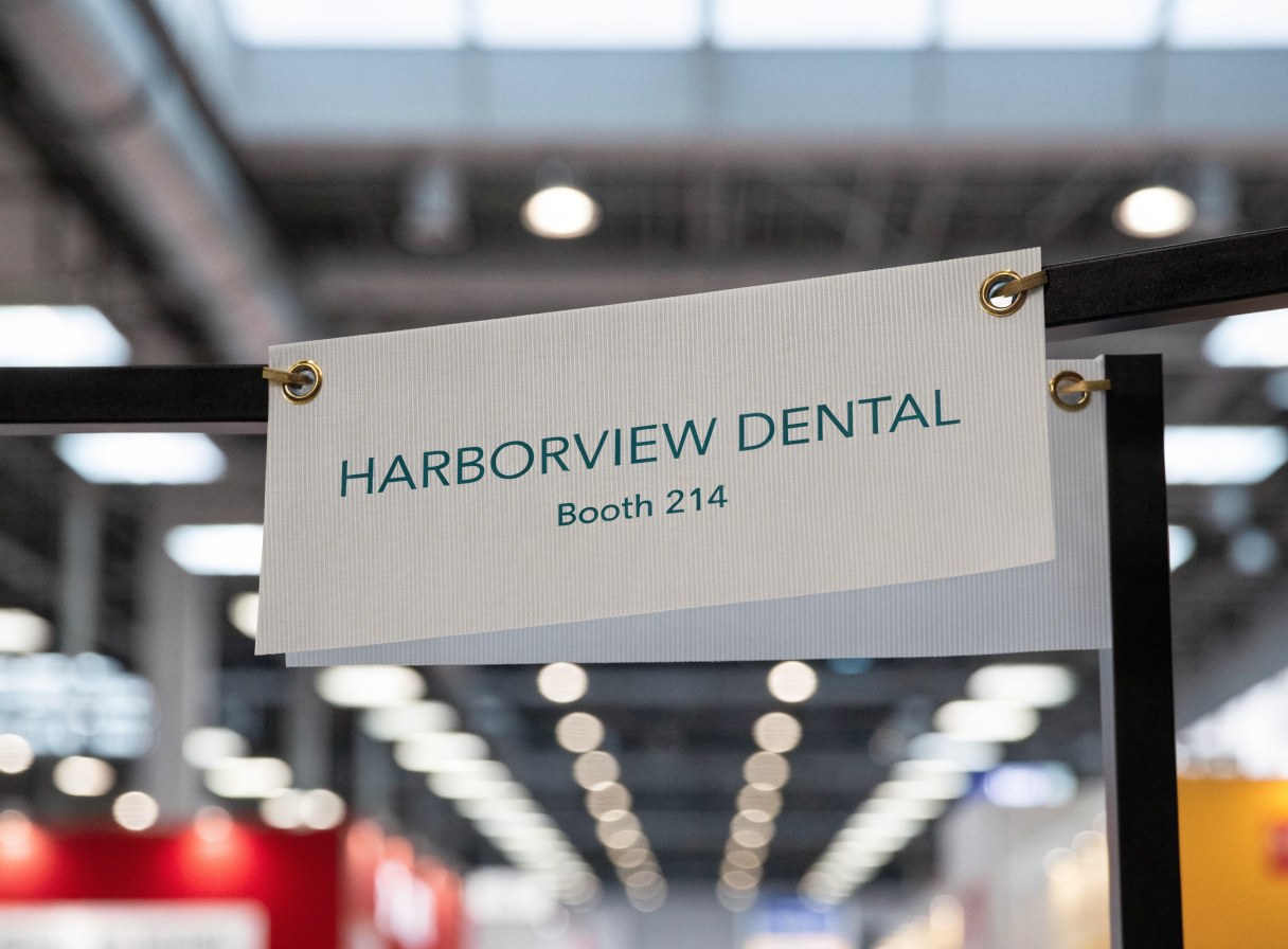 Double sided coroplast aisle marker hung between trade show aisles