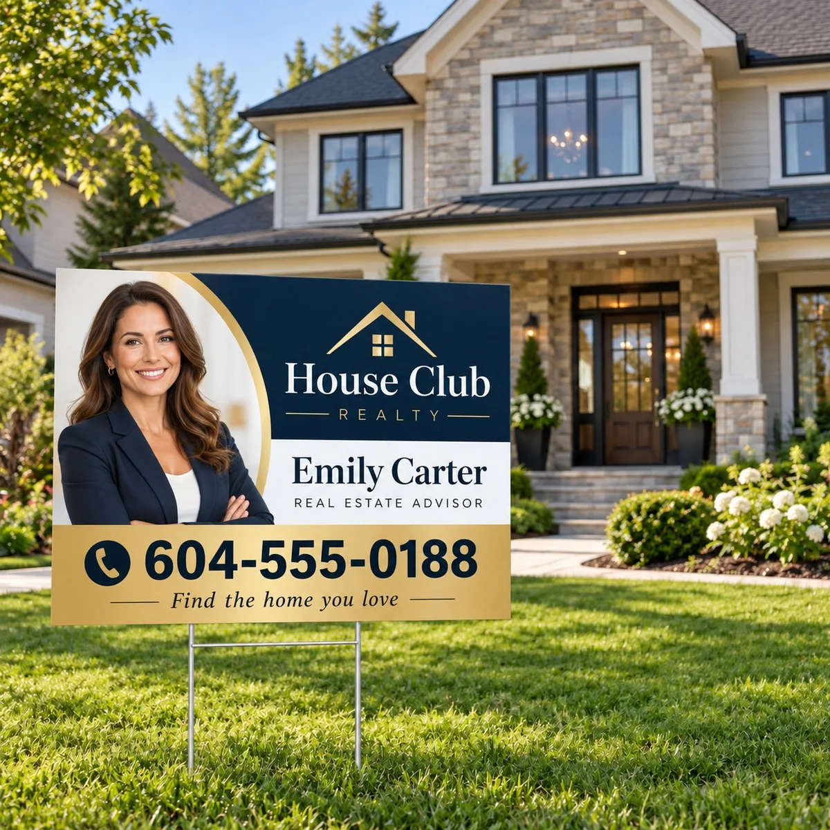 Printed coroplast yard sign on a wire H-stake in a front lawn, shown with sample real estate artwork