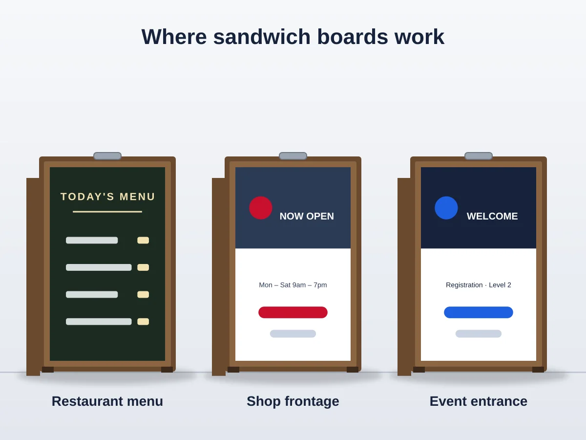 Illustration of three sandwich board signs used as a restaurant menu, a shop sign and an event entrance sign