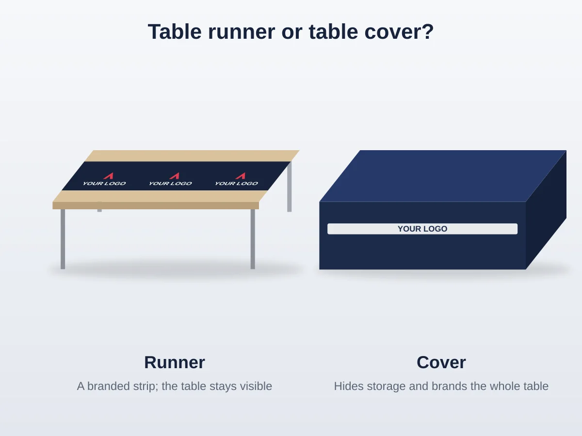Illustration comparing a table runner, which leaves the table visible, with a full table cover